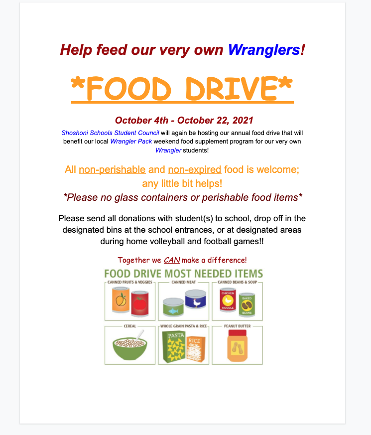 Food Drive Oct 4-22, 2021 307-876-2576 for more info.