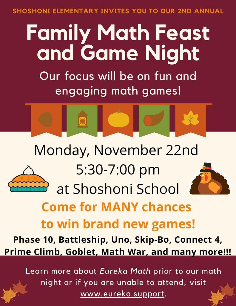 Family Math Feast and Game Night November 22 5:30-7:30 PM at Shoshoni School