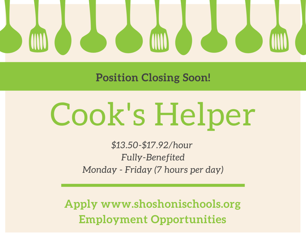 We are Hiring Cook's Helper Position $13.50-$17.92/hour