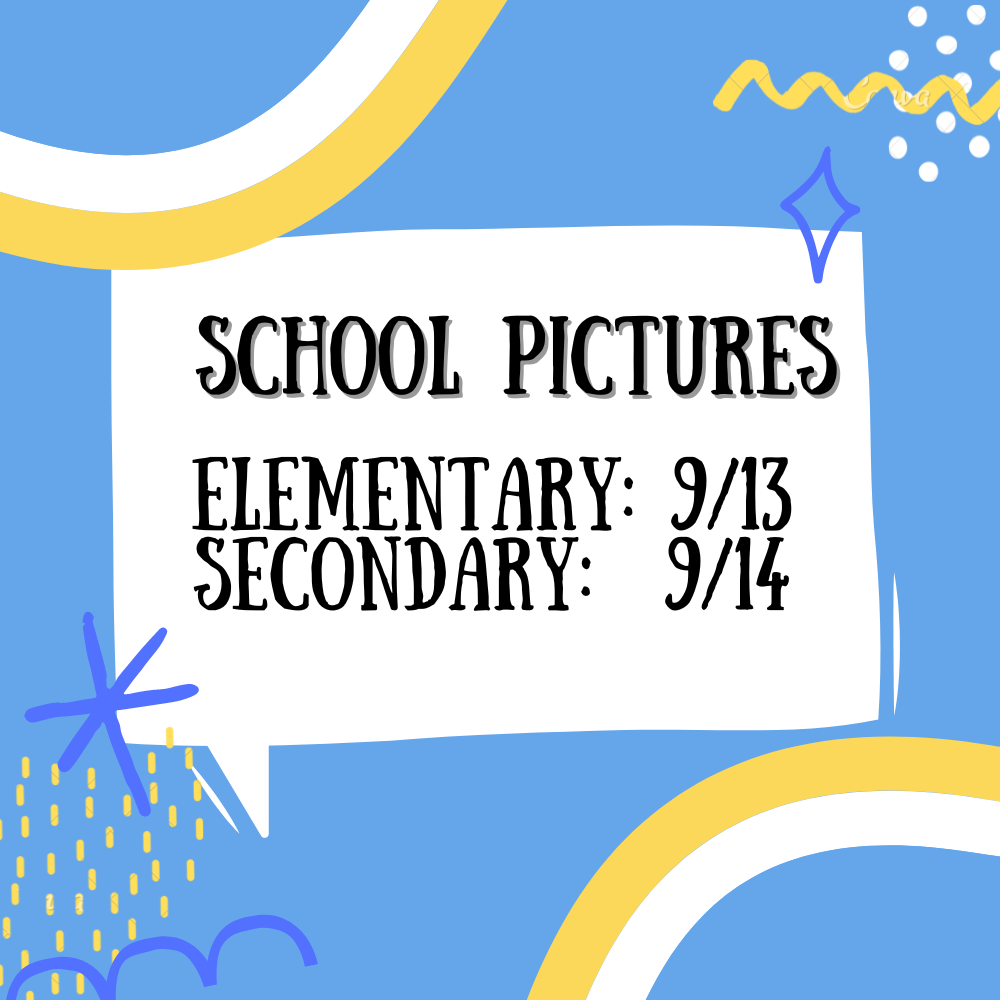 Blue layout with yellow and white decorations detailing September 13 and 14th for school pictures