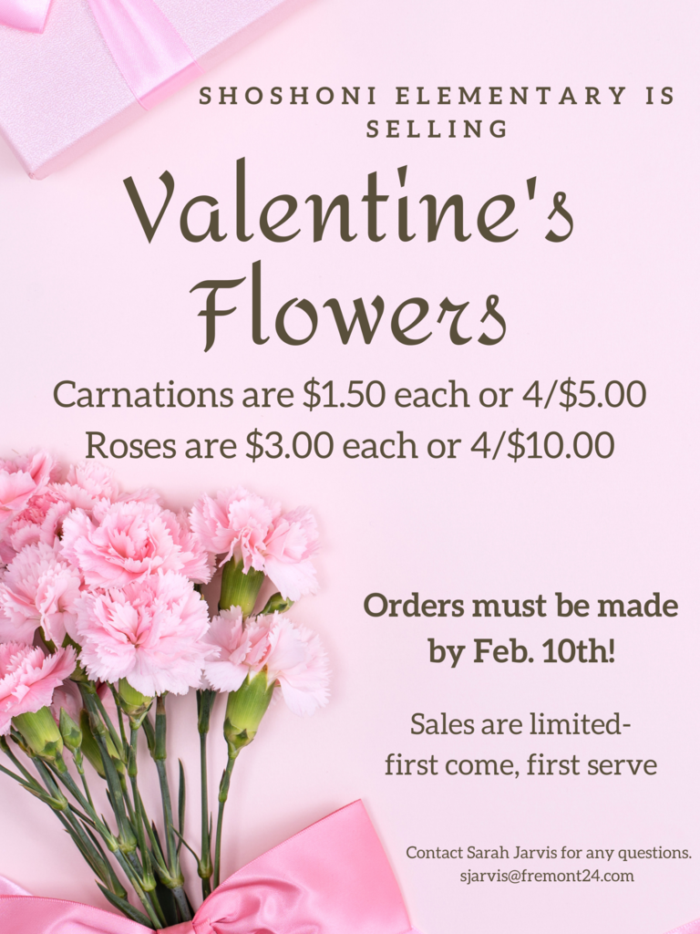 Shoshoni Elementary is selling Valentine's flowers. Carnations are $1.50 each or 4/$5.00. Roses are $3 each or 4/$10.00. Orders must be made by Feb 10th. Sales are limited. First come first serve. Contact Sarah, sjarvis@fremont24.com, with any questions.