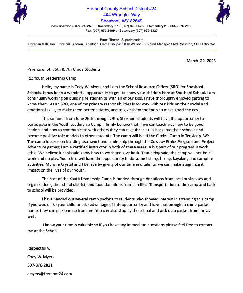 Youth Leadership Camp Letter & Pictures