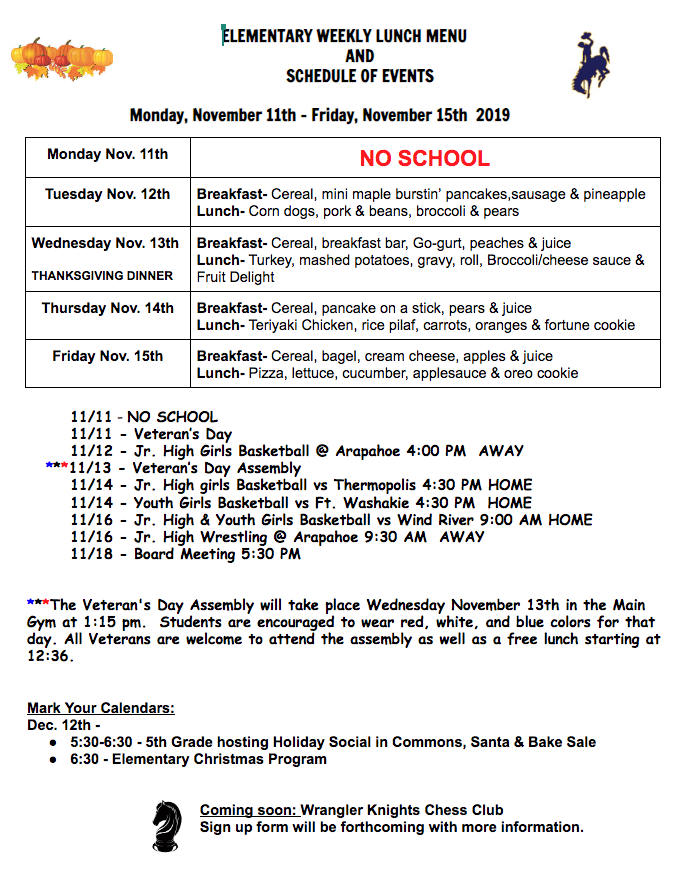Elementary Lunch Menu 11/11/19-11/15/19